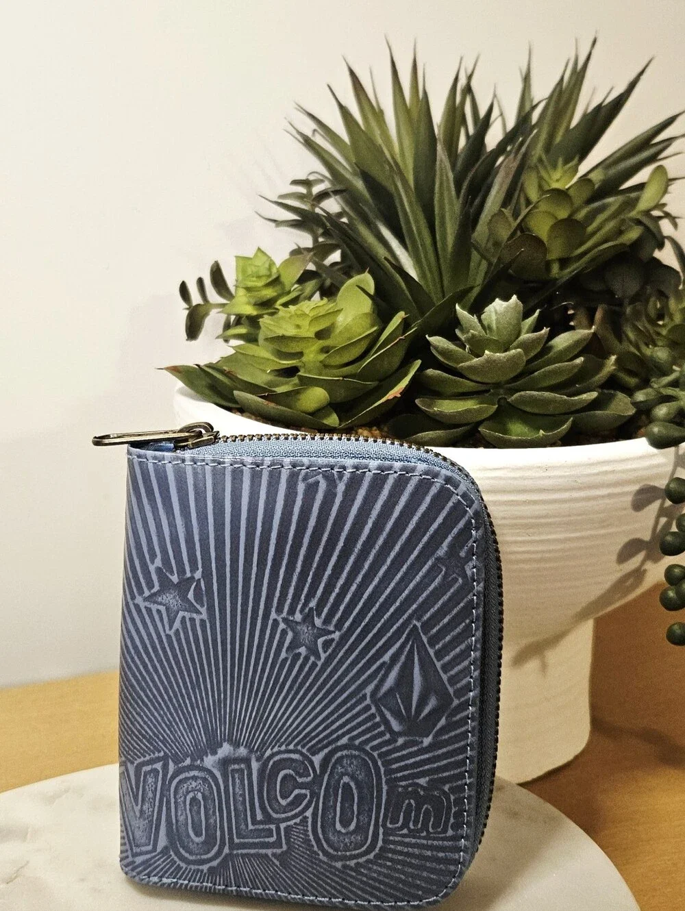 Volcom Stone Two-toned Blue Embossed Zip Wallet